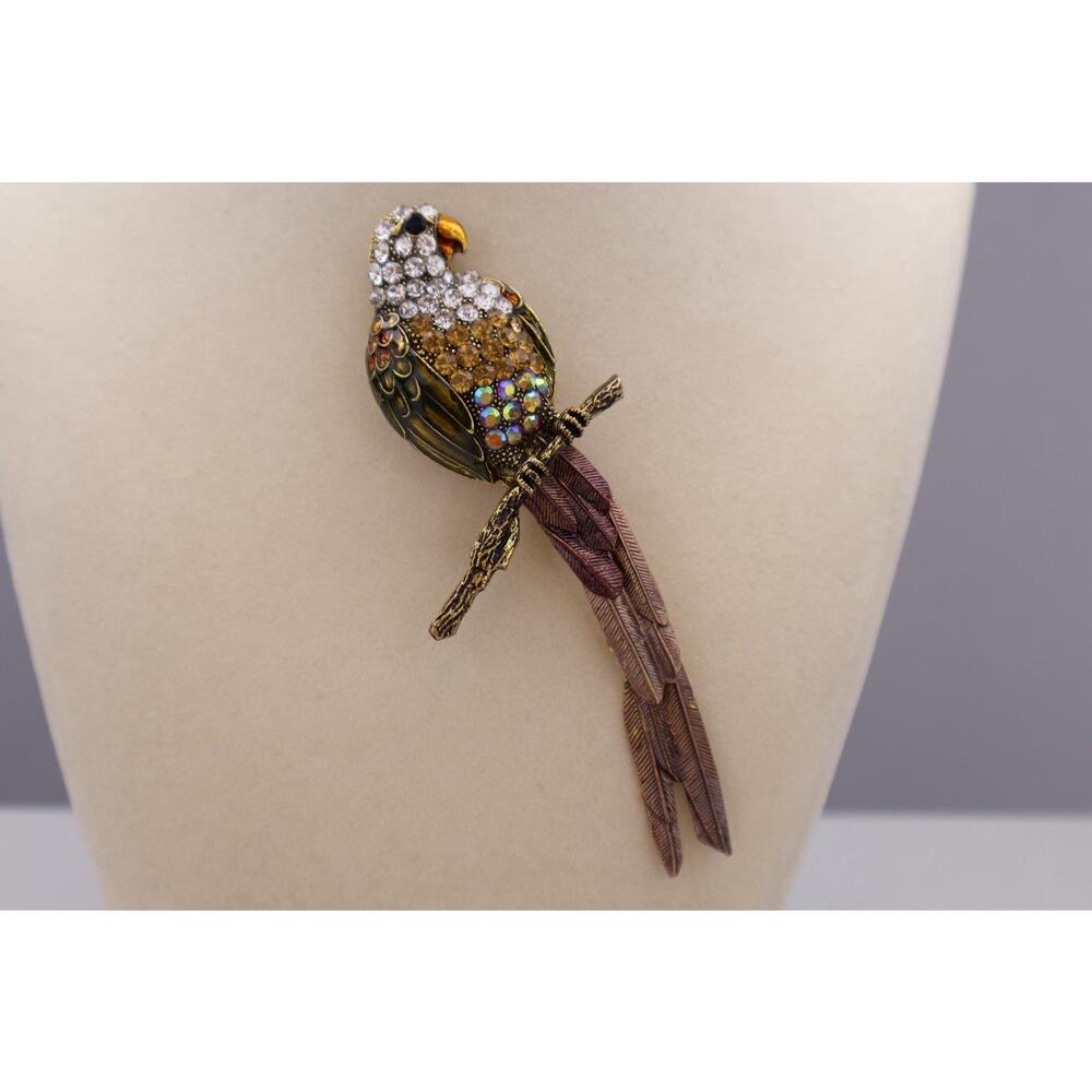 Vintage Parrot Bird Brooch Rhinestone Enamel Tropical Bird Pin Gold Tone 4"